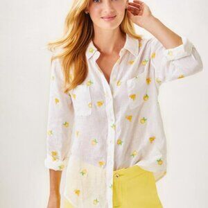 Lilly Pulitzer White Linen Shirt with embroidered Yellow lemons and bees, M, NWT